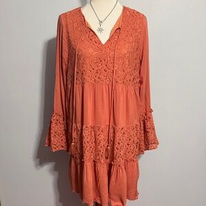 Lace-Detail Long Sleeve Dress - Rust